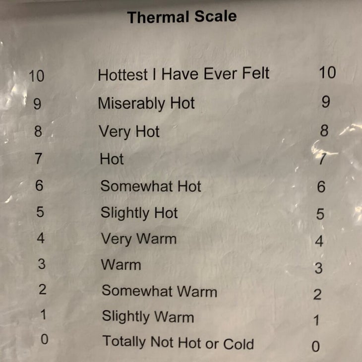 A picture of the ten-level thermal scale used to assess how hot a subject feels. 