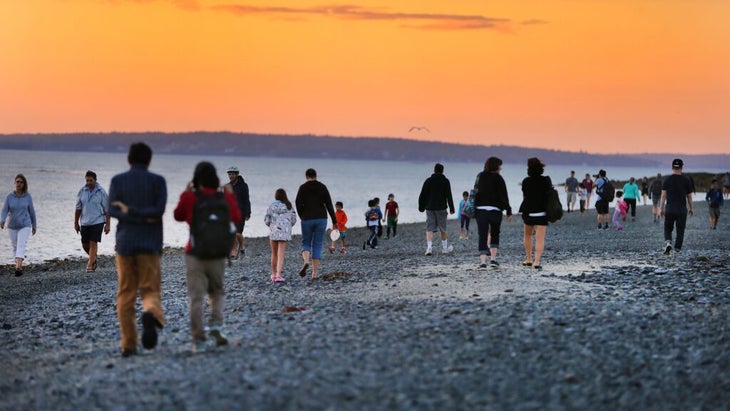 Groups of people enjoy a summer-sunset walk across the sandbar at low tide to Acadia National Park鈥檚 Bar Island.