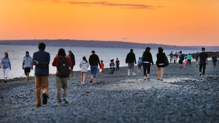 Groups of people enjoy a summer-sunset walk across the sandbar at low tide to Acadia National Park’s Bar Island.