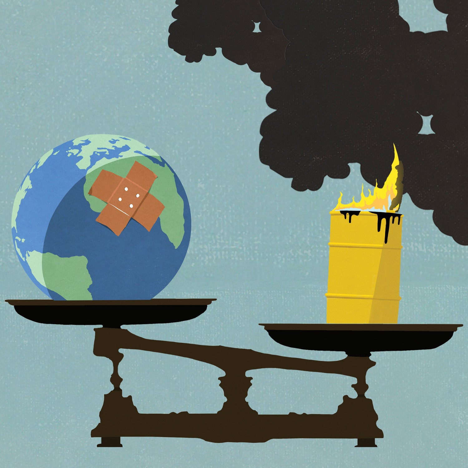 Illustration of scales of justice with earth on left and burning barrel of oil on right