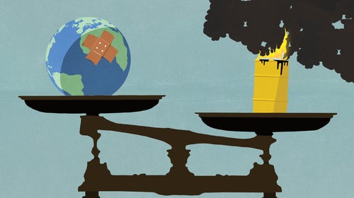 Illustration of scales with earth on left and burning barrel of oil on right