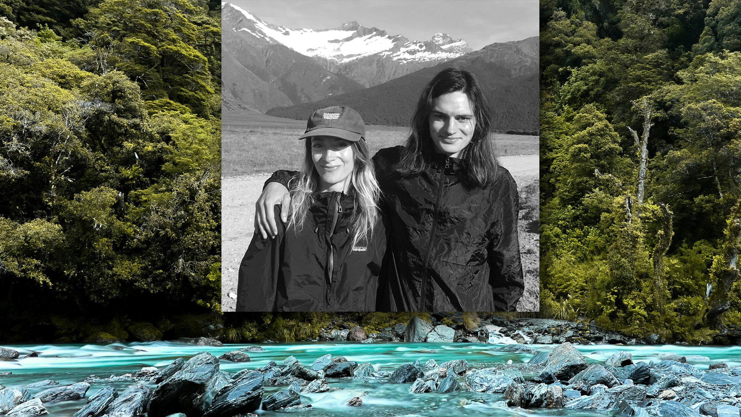 An image of a man and woman smiling in front of mountains superimposed upon a photograph of a forest