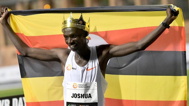 Ugandan athlete Joshua Cheptegei celebrates after breaking the 10,000m track world record originally set by Kenenisa Bekele in 2005.