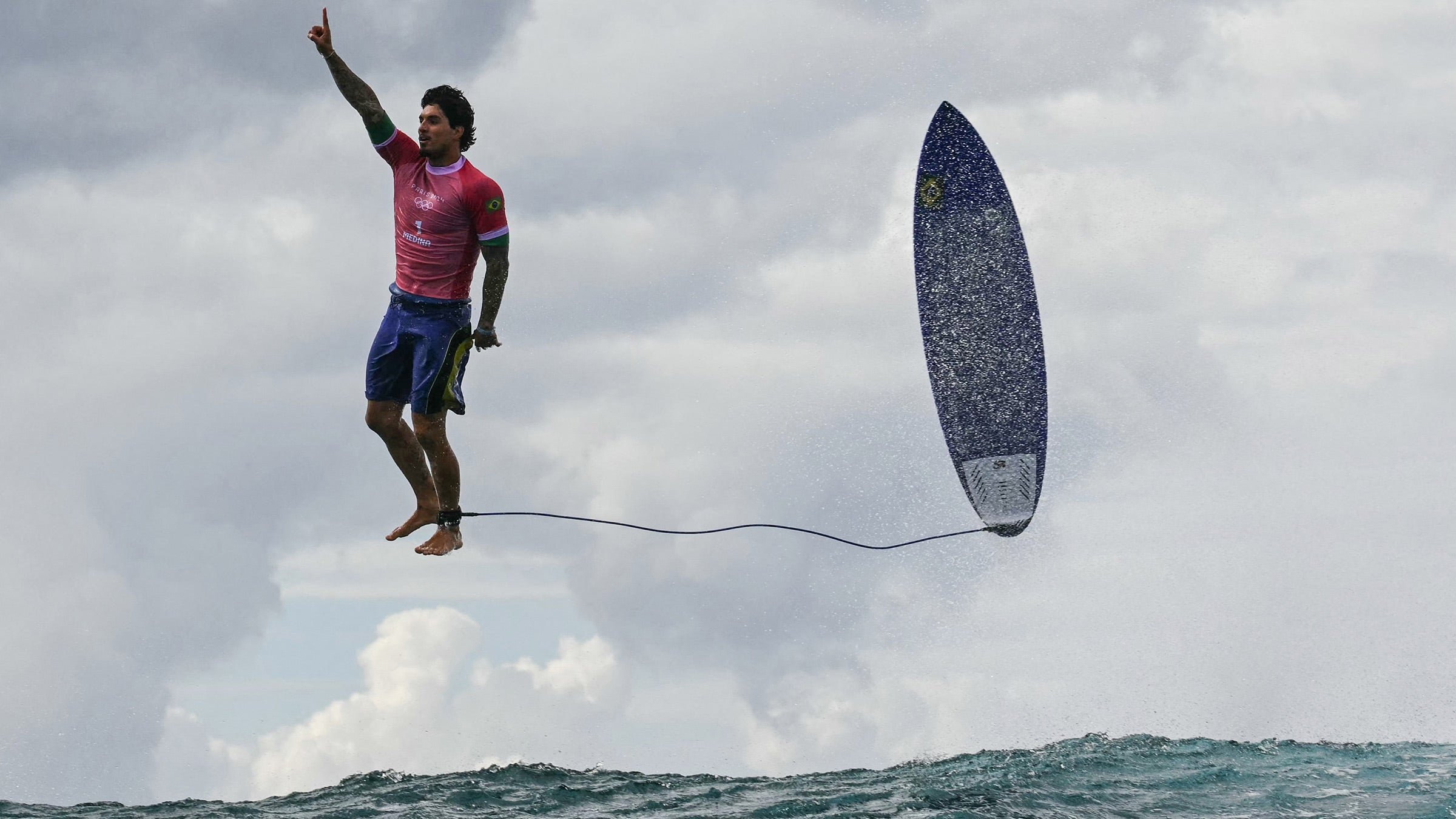 Brazilian surfer Gabriel Madina levitates above the waves in Tahiti. 