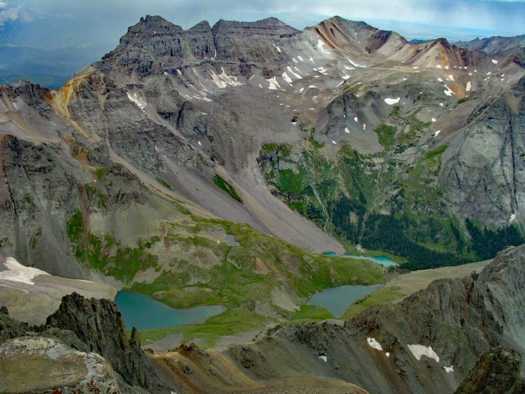 Rocky mountain view of lakes and snow near OUray