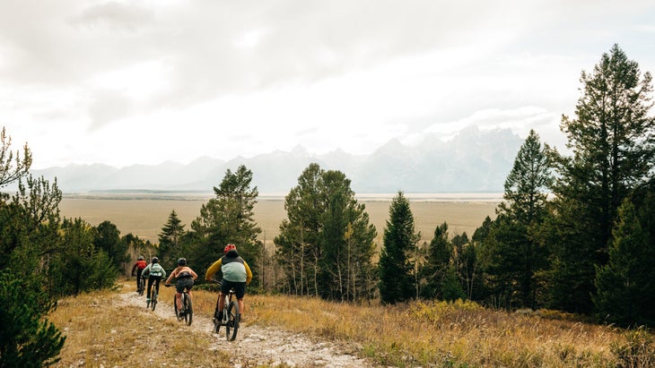 Autumn biking Tetons on skyline