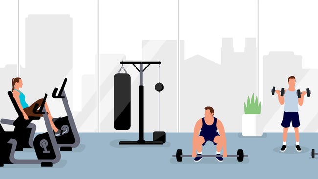 illustration of woman on exercise bike at gym and two men lifting weights next to her