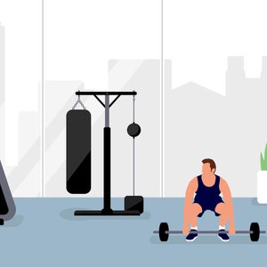 illustration of woman on exercise bike at gym and two men lifting weights next to her