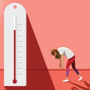 Illustration depicting a skyrocketing thermometer and a woman looking very hot on a pink background