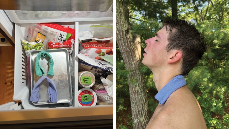 Split photo showing cool collar in freezer on left; hot, sweaty man wearing cool collar on right