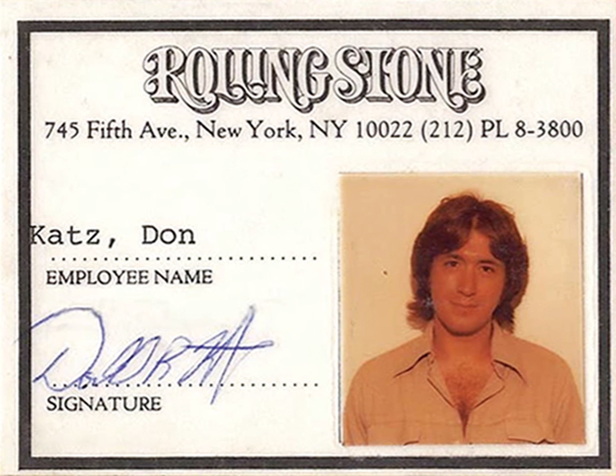 Katz’s Rolling Stone ID from 1977