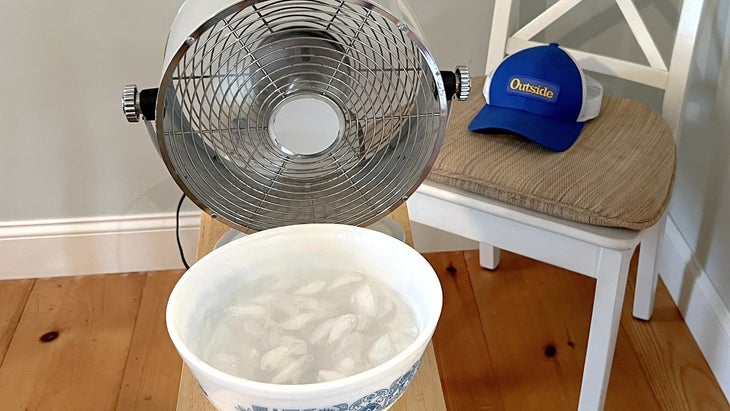 Stay cool by placing a bowl of ice water in front of a fan