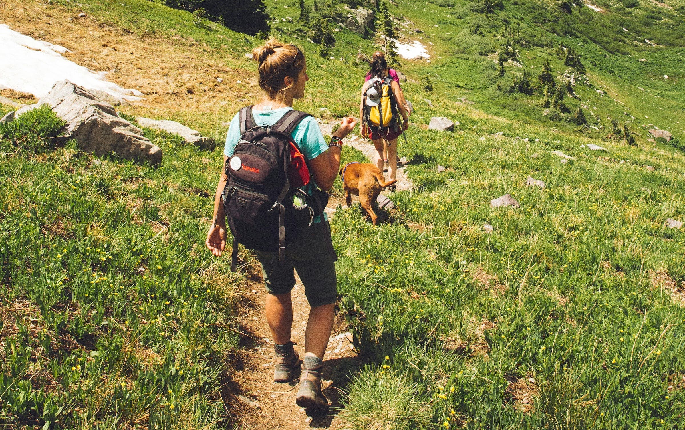 two women and a golden dog hiking down a mountain singletrack in the sun