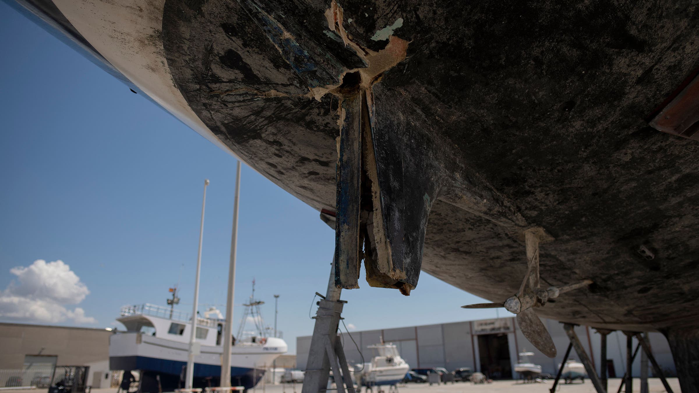 A picture taken on May 31, 2023 shows the rudder of a ship damaged by killer whales (Orcinus orca) while sailing in the Strait of Gibraltar and taken for repairs at the Pecci Shipyards in Barbate, near Cadiz, southern Spain.