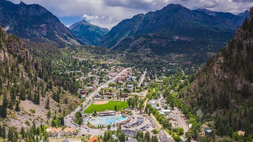 the mountain town of Ouray, Colorado, from the air
