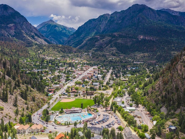 the mountain town of Ouray, Colorado, from the air