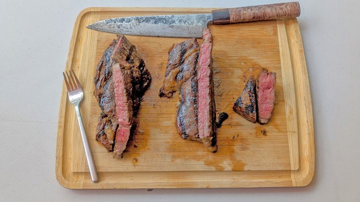 Three sliced steaks.