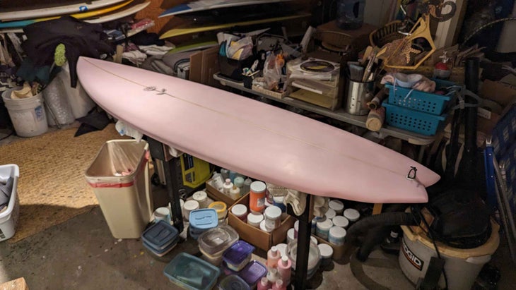 The author's custom surfboard from Guy Okazaki