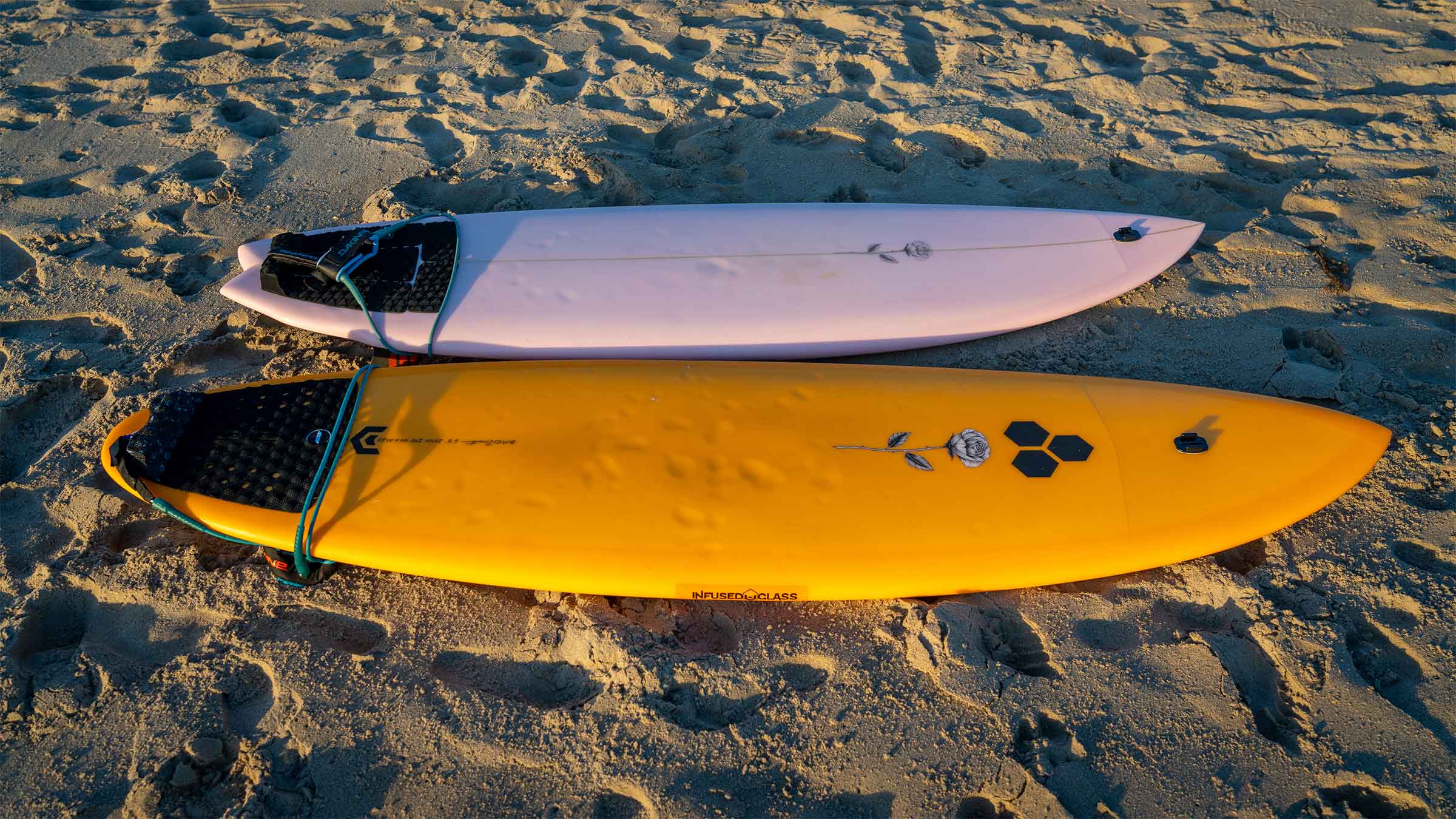 The author's finished custom surfboards