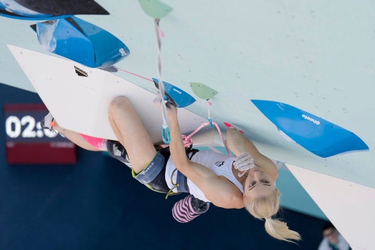 Janja Garnbret of Team Slovenia high on the Lead finals route at the Paris Olympics.