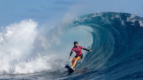 French competitor Johanne Defay at the quarterfinals of surfing on day six of the 2024 Olympic Games in Teahupo'o, French Polynesia.