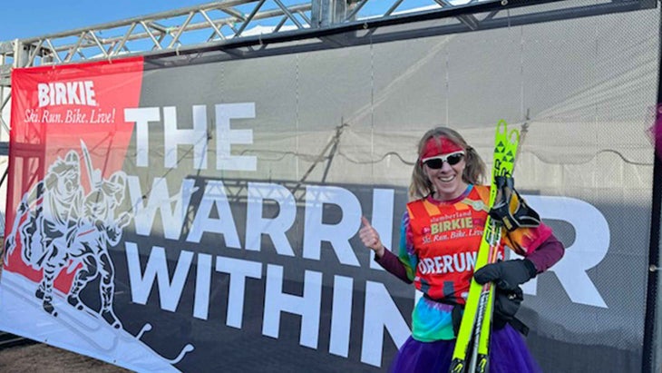 Category manager Stephanie Pearson during her 2024/2024 cross-country ski testing at the Birkie race in Wisconsin.