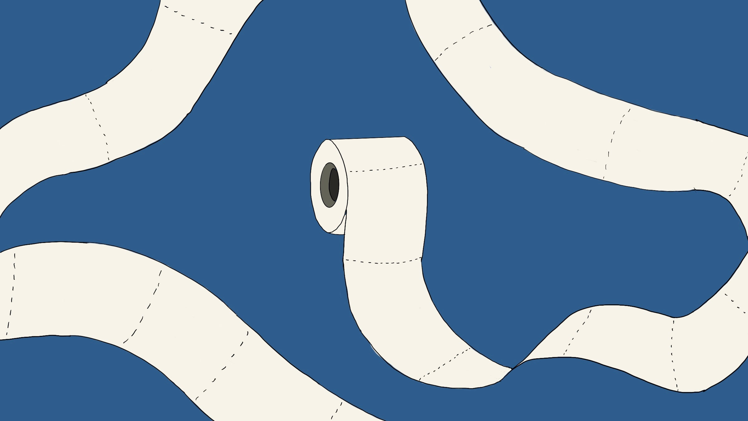 Illustration showing an unfurled roll of white toilet paper on a blue background