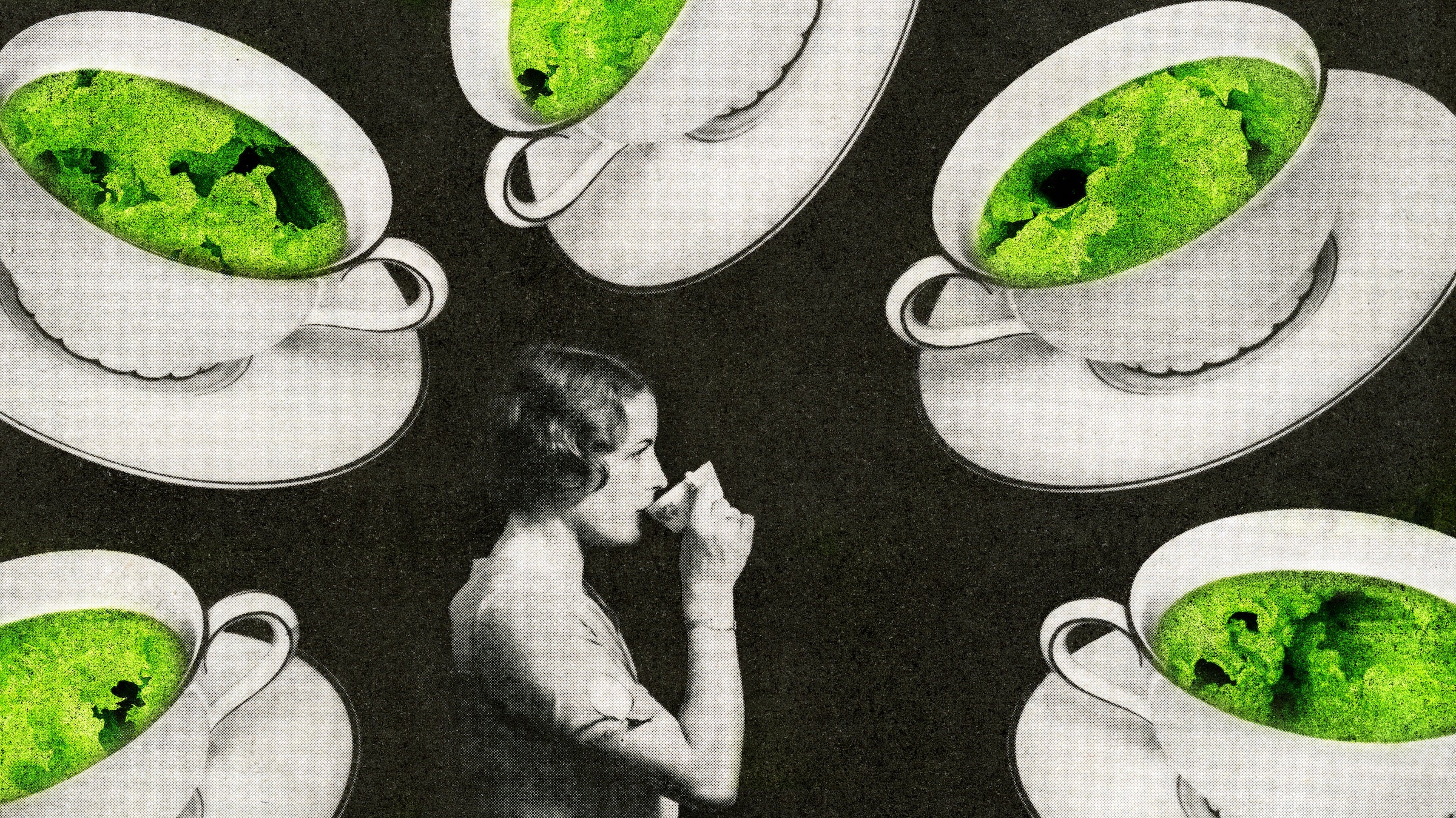 Illustration of a woman drinking coffee, surrounded by coffee cups, 1930s. Screen print.