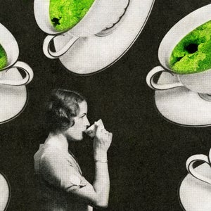 Illustration of a woman drinking coffee, surrounded by coffee cups, 1930s. Screen print.