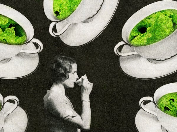 Illustration of a woman drinking coffee, surrounded by coffee cups, 1930s. Screen print.