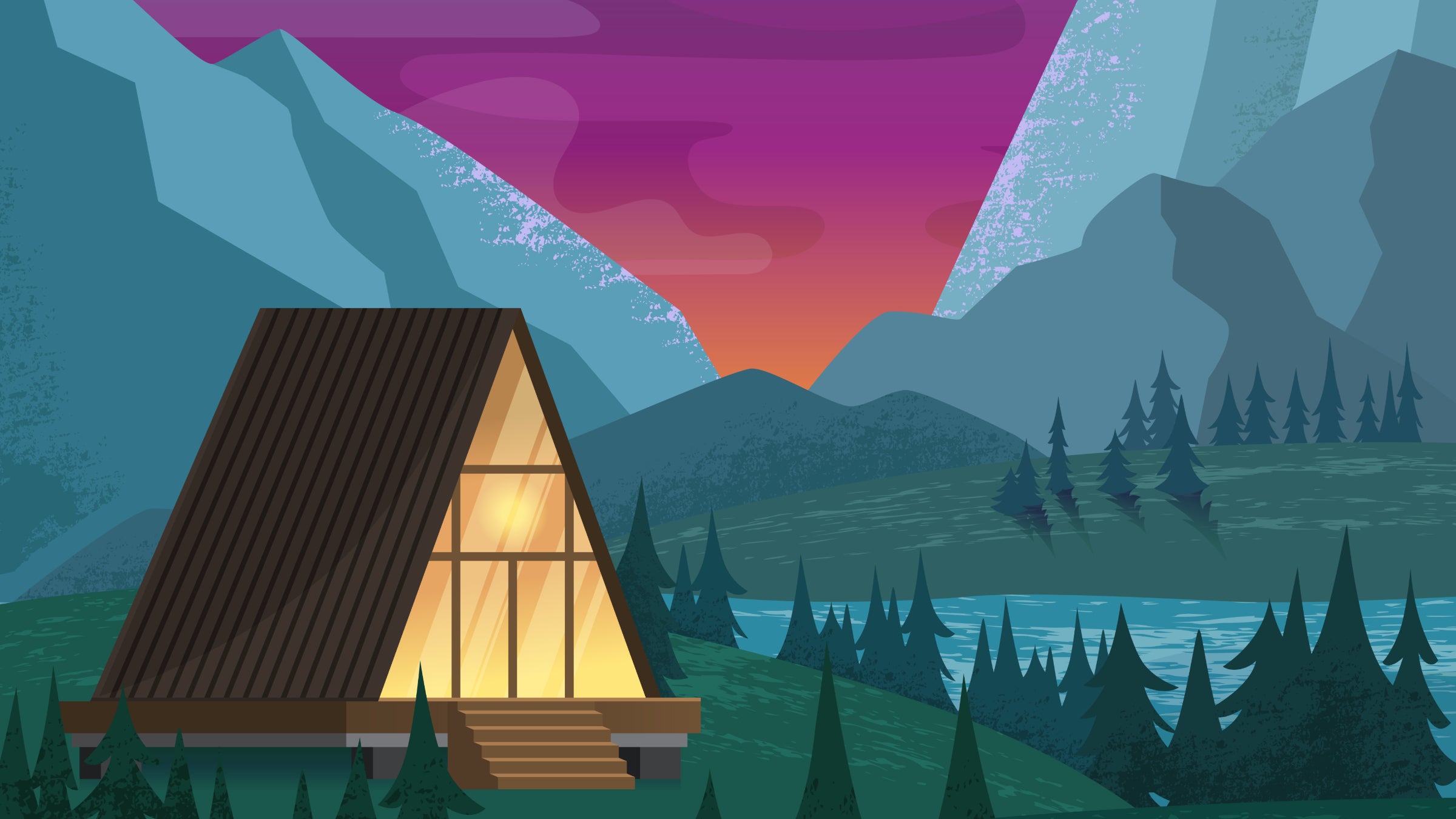 Illustration of a tiny house cabin, rented as an Airbnb, in a mountain town. It sits on a lake next to pine trees.