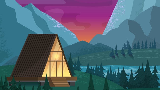 Illustration of a tiny house cabin, rented as an Airbnb, in a mountain town. It sits on a lake next to pine trees.