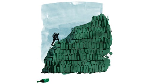 Illustration of a hiker climbing a mountain of bottles