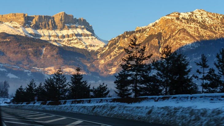 Low sun illuminates the French Alps near Chamonix.