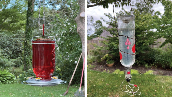 Split photo showing two types of hummingbird feeders