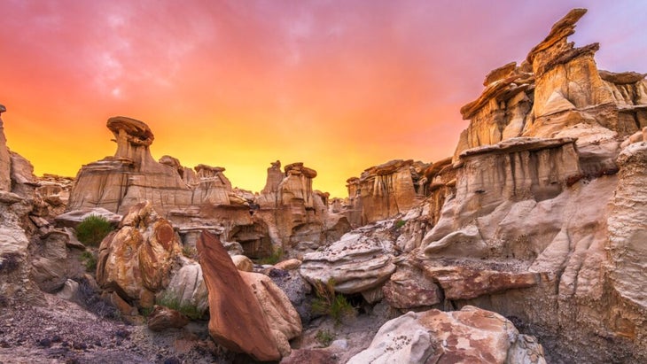 Valley of Dreams, one of the more interesting rock formations, in the sunset light at New Mexico’s Bisti/De-Na-Zin Wilderness