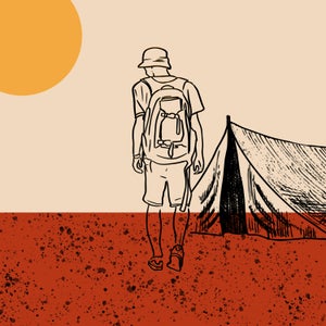 Illustration of a hiker camping in the heat