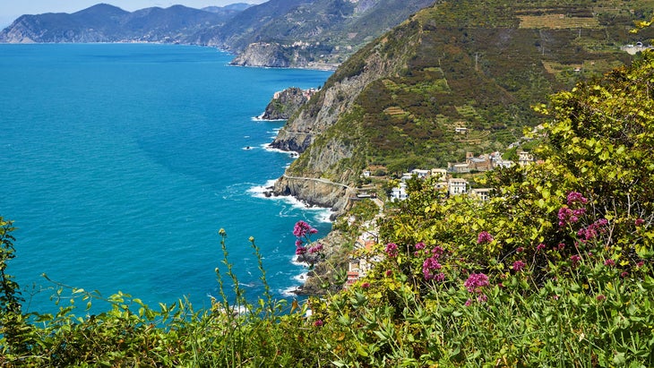 Riomaggiore village and coastline of Ligurian Sea