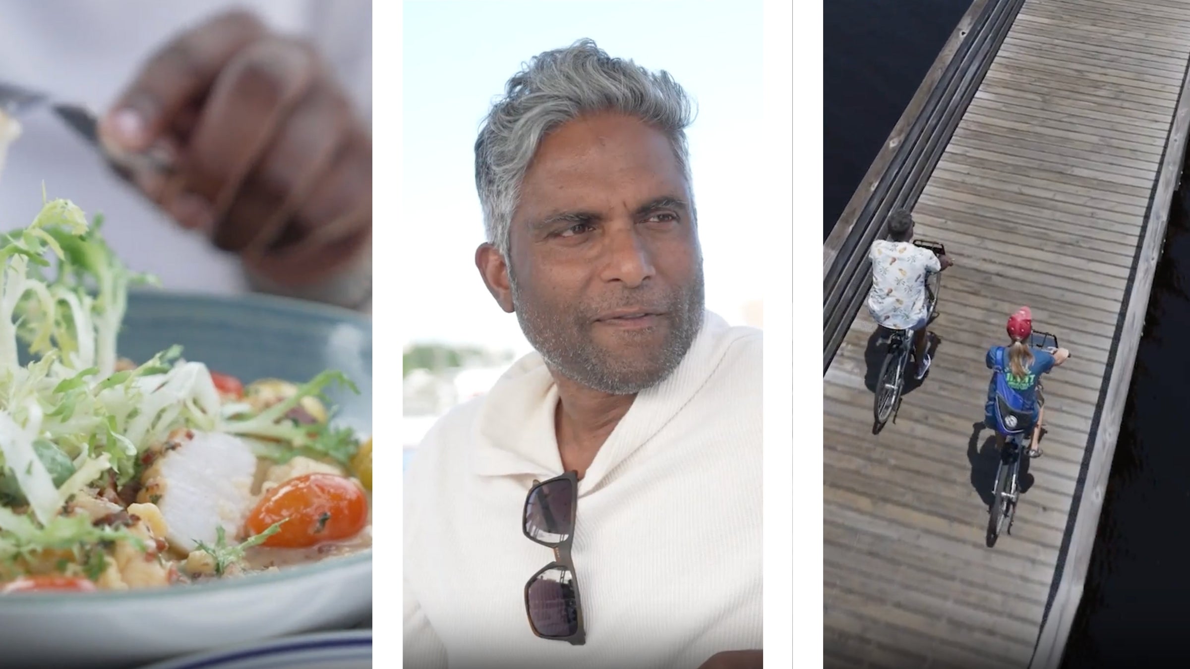 From left: Scallop dish from Zeke's; Thomas, the host; biking at Gulf State Park