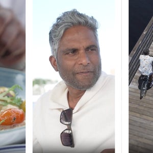 From left: Scallop dish from Zeke's; Thomas, the host; biking at Gulf State Park