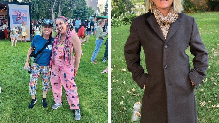 Split photo with two festival goers on left and an up-close shot of the author wearing a brown overcoat on the left