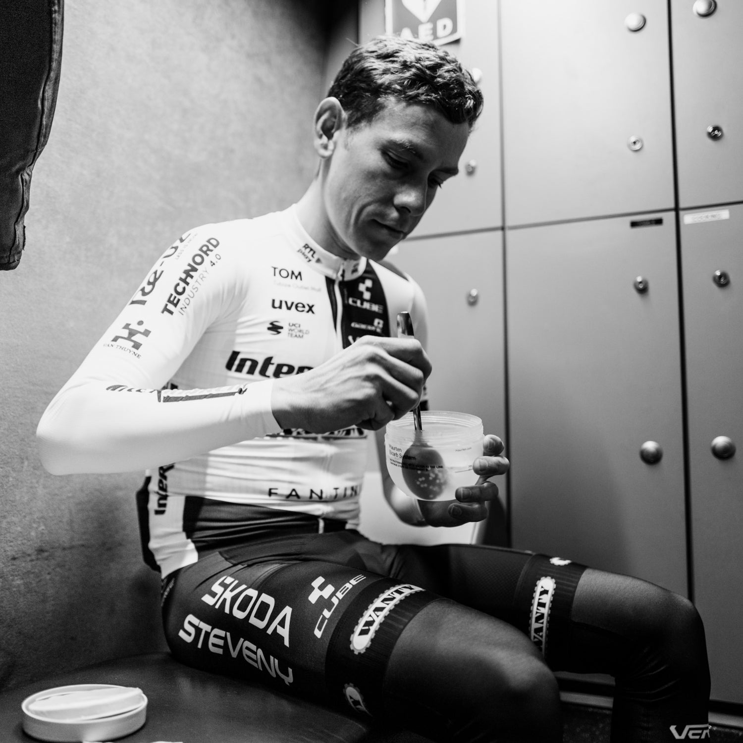 A cyclist consumes a serving of Maurten's Bicarb baking soda formula to boost performance.