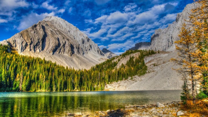 Chester Lake at Alberta’s Peter Lougheed Provincial Park, with larches beginning to yellow