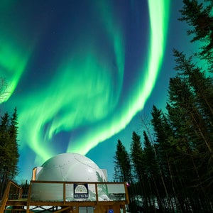 The Pleasant Acres Reindeer Ranch in Alaska, with green northern lights glowing overhead