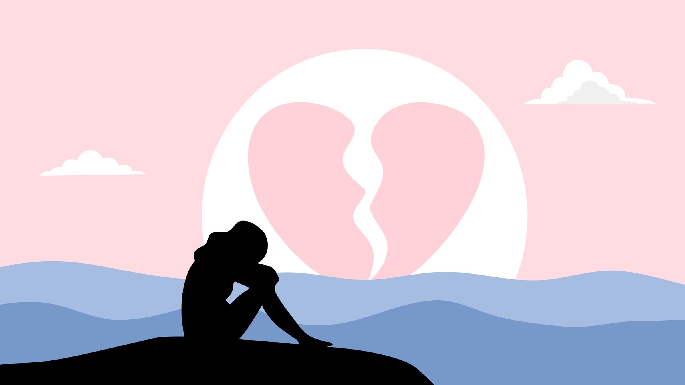 an illustration of a woman outdoors with her head down against a heartbreak in the pink sky