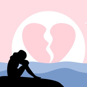 an illustration of a woman outdoors with her head down against a heartbreak in the pink sky