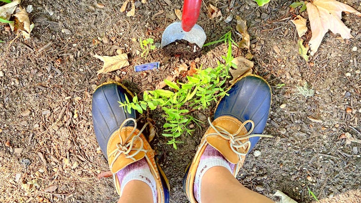 thrifted L.L.Bean mocs in garden