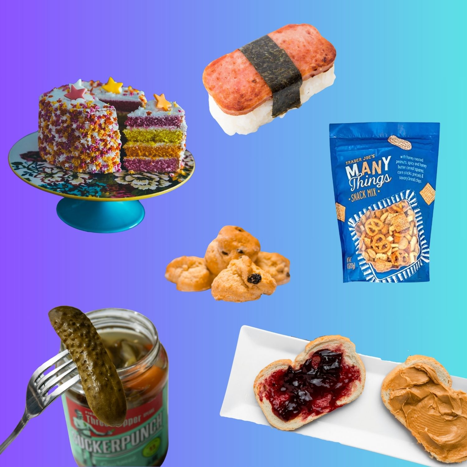 collage of cake, spam musubi, pickles, and other ultra foods