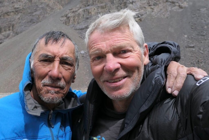 Mick Fowler and Victor Saunders pose at the base of Yawash Sar.