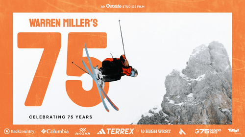 Orange border with skier mid air. Big 75 in orange font.
